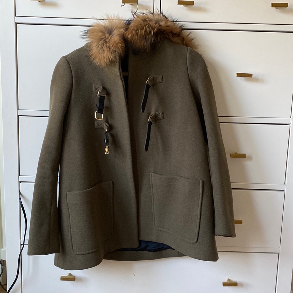 Maje Wool Coat with Real Fur Trim Made in France Green Peacoat Jacket Size 36 XS